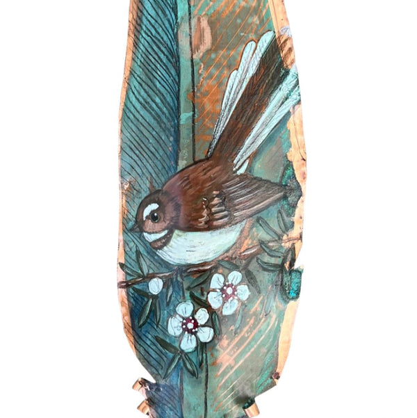 Fantail With Manuka Flowers On Copper Feather