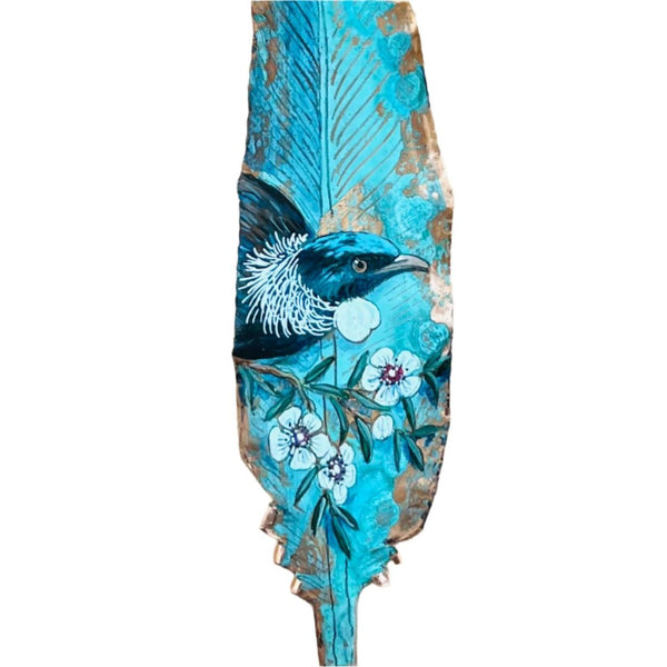 Tūī With Manuka Flowers On Copper Feather | Right Facing