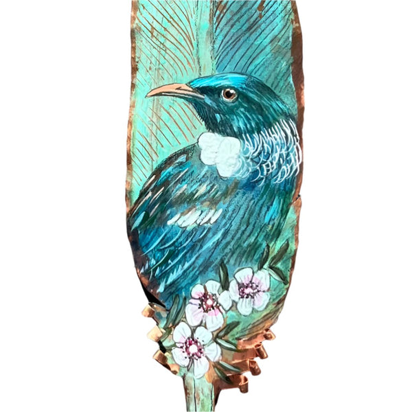 Tūī With Manuka Flowers On Copper Feather