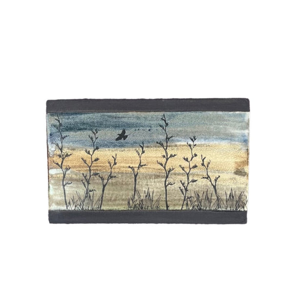 Tui Above Harakeke | Black Clay Tile