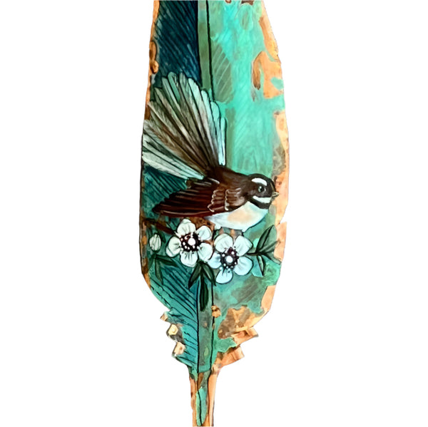 Fantail With Manuka Flowers On Copper Feather