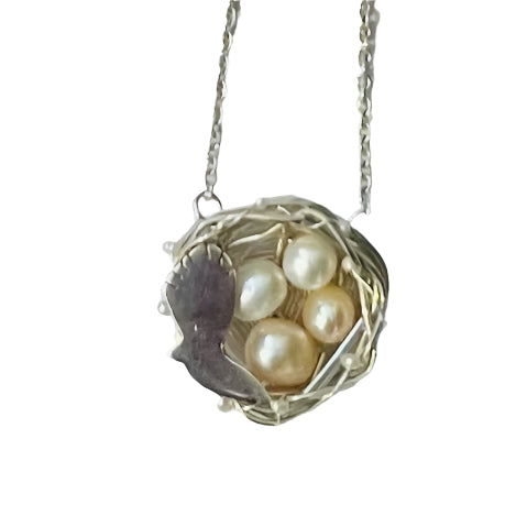 Fantail On Nest Pendant | Fine Silver With Freshwater Pearls by Annette Cavell