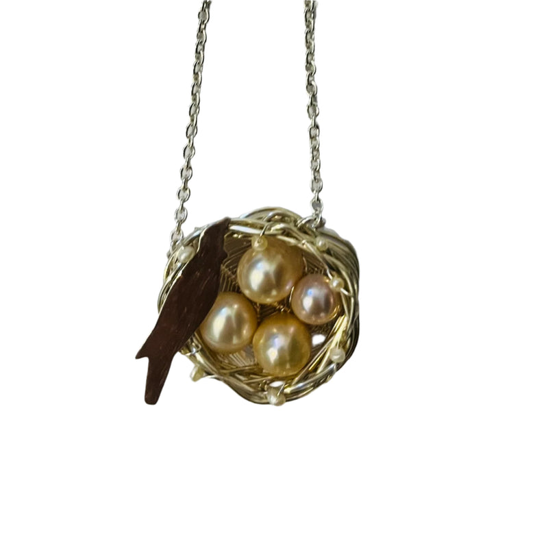 Tui On Nest Pendant | Fine Silver With Freshwater Pearls by Annette Cavell