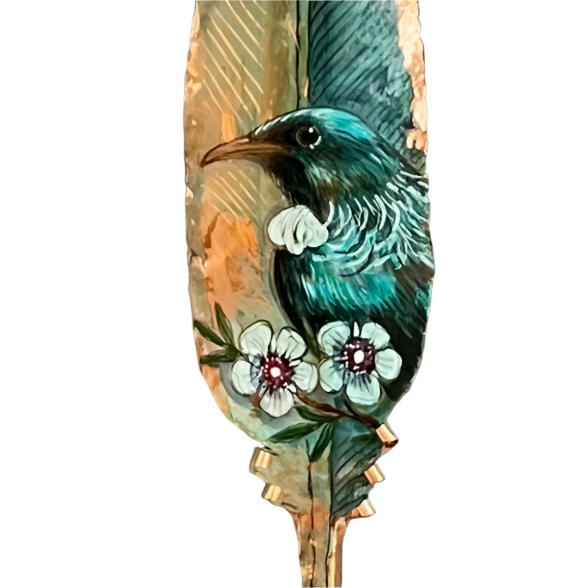 Tūī With Manuka Flowers On Copper Feather