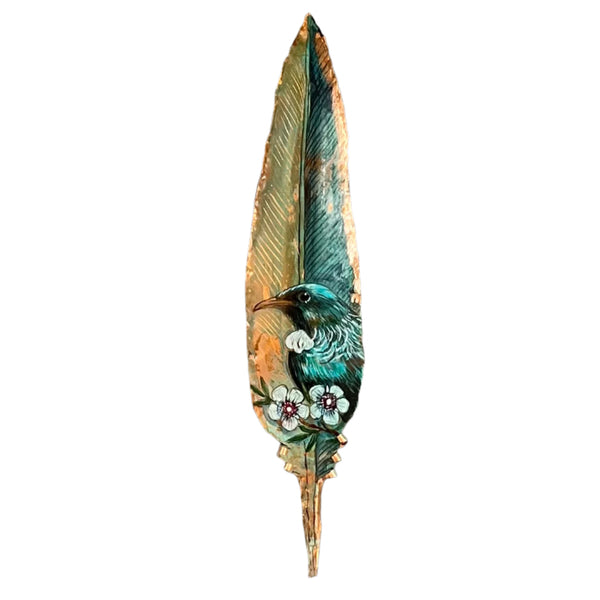 Tūī With Manuka Flowers On Copper Feather