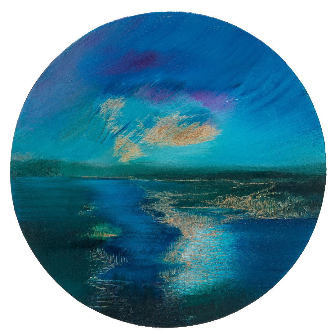 May Skies 4 is a small round painting on Gesso Board by Amy Hoedemakers ...