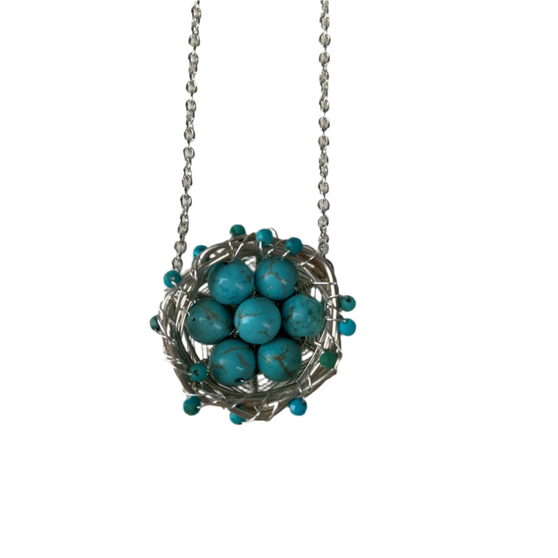 Thrush Bird Nest Pendant with Turquoise & Sterling Silver