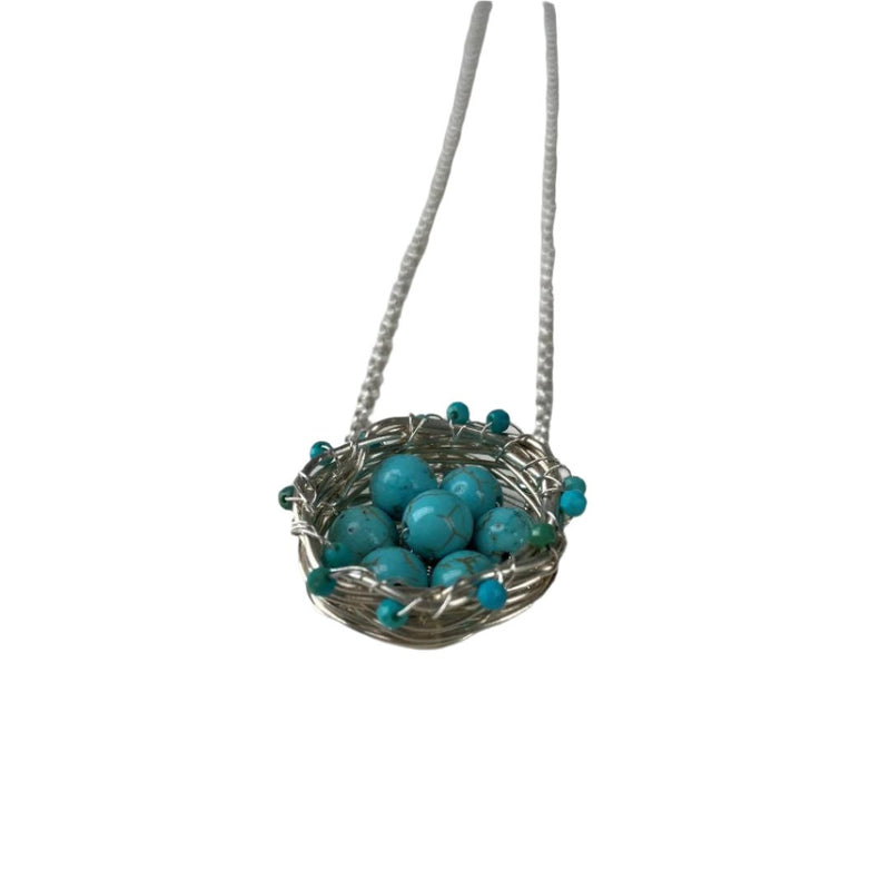 Thrush Bird Nest Pendant with Turquoise & Sterling Silver